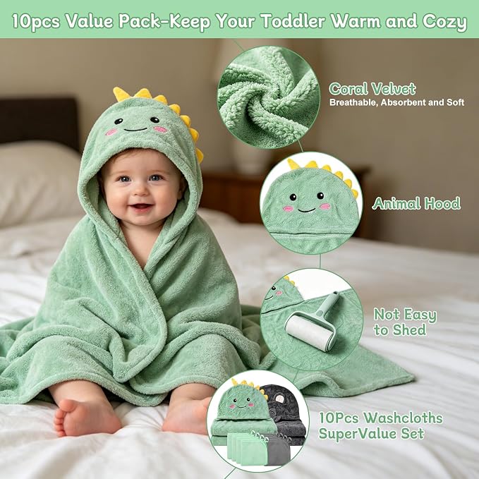 10 PCS 55in*27.5in Cute Baby Towels Set, 2 PCS Soft Baby Hooded Towels & 8 PCS Washcloths, Baby Bath Towels for Newborns, Infants & Toddlers, Ultra Absorbent, Cute Baby Towel Gift for Boys & Girls
