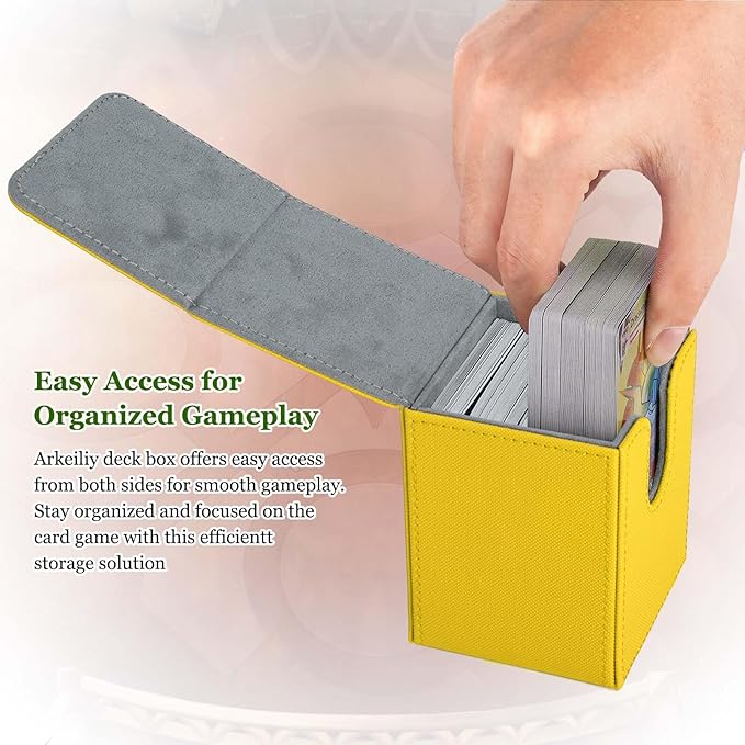 Arkeiliy MTG Deck Box with 50 Pcs Card Sleeve, 110+ Card Storage Leather Deck Box for Magic Commander, Collectible Trading Card Cases for Trading Card Games (Yellow)