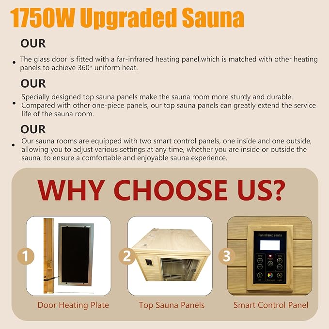 Kanlanth Far Infrared Wooden Sauna Room, 2 Person Home Sauna, Canadian Hemlock Indoor Sauna Spa, 9 Low EMF Heaters,1,750watt, 2 Chromotherapy Lights, 2 Bluetooth Speakers, 1 LED Reading Lamp