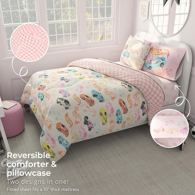 Hot Wheels Girls Kids Bedding Super Soft Comforter and Sheet Set with Sham, 7 Piece Full Size, (Officially Licensed Product) By Franco