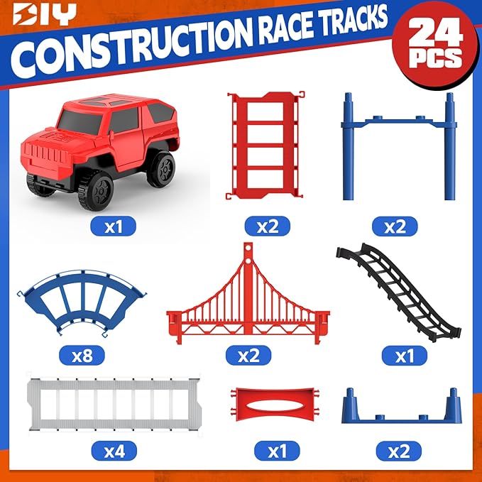 DIY Construction Race Track Set, 24 Pieces with Battery Powered Car,Bridge Building Track ，Assembly Track Builder Playset Gifts Toys for Boys Kids Age 6 7 8
