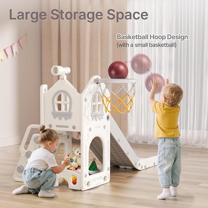 BIERUM 6 in 1 Toddler Slide - L-Shaped Baby Slide for Toddlers Aged 1-3 with Basketball Hoop, Telescope Toy and Anti-Slip Pads, Indoor Outdoor Toddler Playset, White Gray