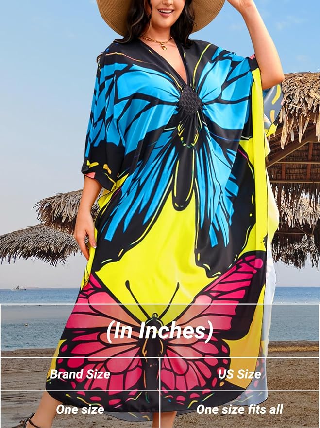 ChiaoLezhee Print Moo-Moos for Women, Kaftan Cover-Up Dresses, Sexy V-Neck High-Slit, Beach Pool-Party Coverups Muumuu Plus