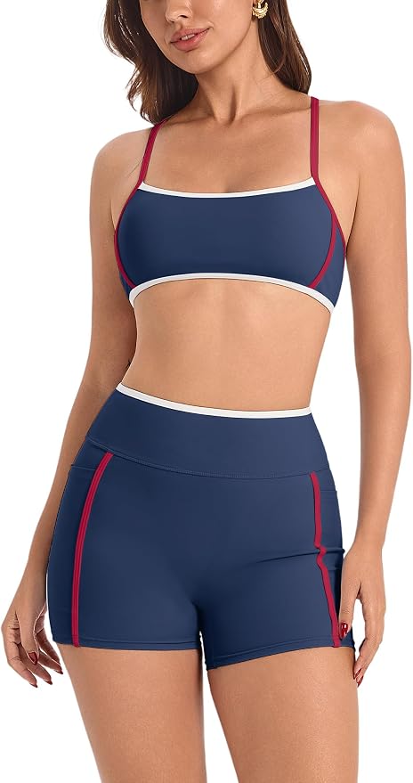ABOCIW Workout Sets for Women 2 Piece Color Block Strappy Sports Bra High Waist Shorts Gym Yoga Pilates Outfits