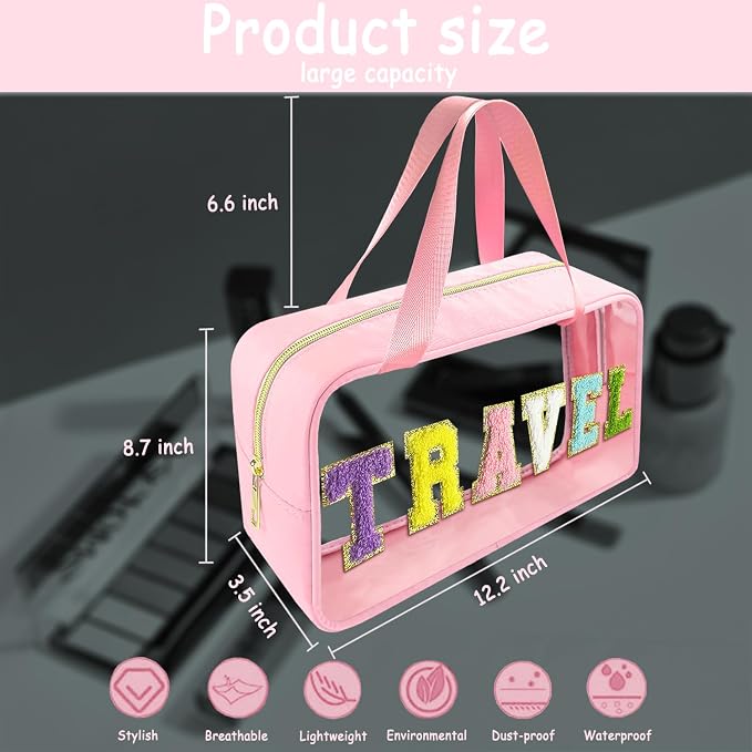 Bunliuys Chenille Letter Clear Makeup Bag Travel Patch, Travel Toiletry Makeup Bag with Handle, Nylon Waterproof Makeup Bags clear cosmetic bag, preppy patch makeup bag for Women (TRAVEL-Pink)