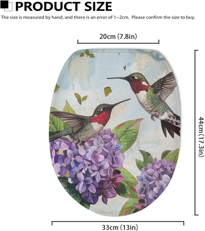 Hummingbird and Hydrangea Toilet Seat Cover, Suitable for Most Round and Elongated Toilet Lid, Soft Flannel and Dustproof Toilet Lid Cover