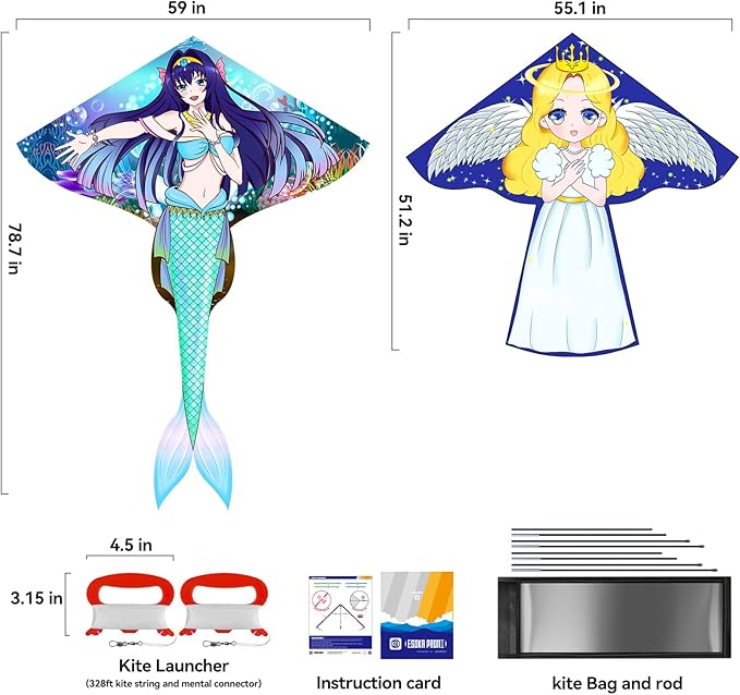 Kites for Adults & Kids Ages 4-8,Beach Kites Easy to Fly for Beginner, with Handle and 328ft Kite String，Best Toy and Gift for Boys & Girls. (Blue Haired Mermaid+Angel, 2)