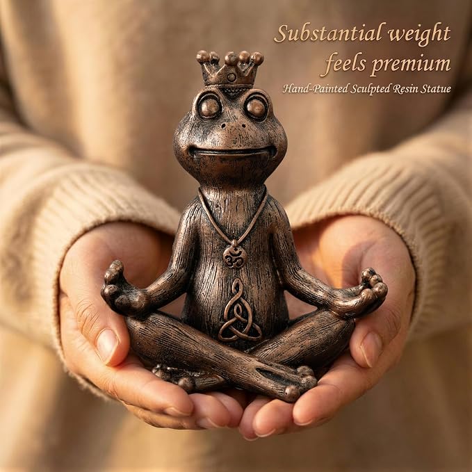 Meditating Zen Frog Statue Decor with Bonus Om Necklace - 5.8" Hand-Painted Resin Figurine - Yoga Room, Office Desk & Shelf Ornaments - Mindful Spiritual Gift for Women & Yoga Lovers(Bronze)