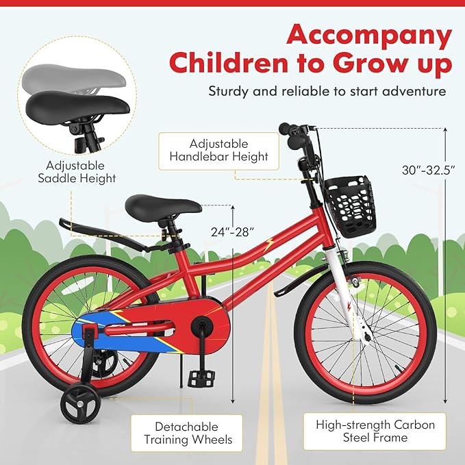 COSTWAY Kids Bike, 12 14 16 18 Inch Toddler Bike for Boys & Girls Aged 3-8 Years Old, Kids Bicycle w/Removable Training Wheels, Handbrake & Coaster Brake, Basket, Bell