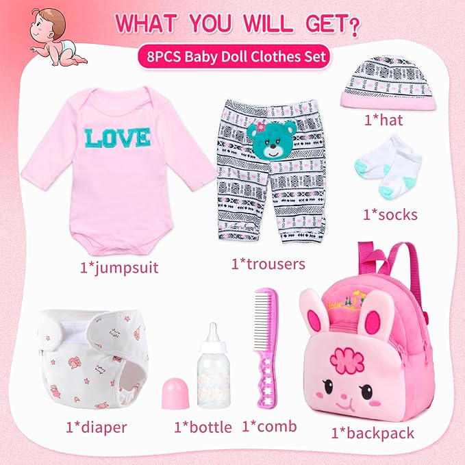 Reborn Baby Girl Doll Clothes Pink Outfits Accesories 8 Pcs Set with Backpack&Diaper for 17-22 Inch Reborn Doll Newborn Girl