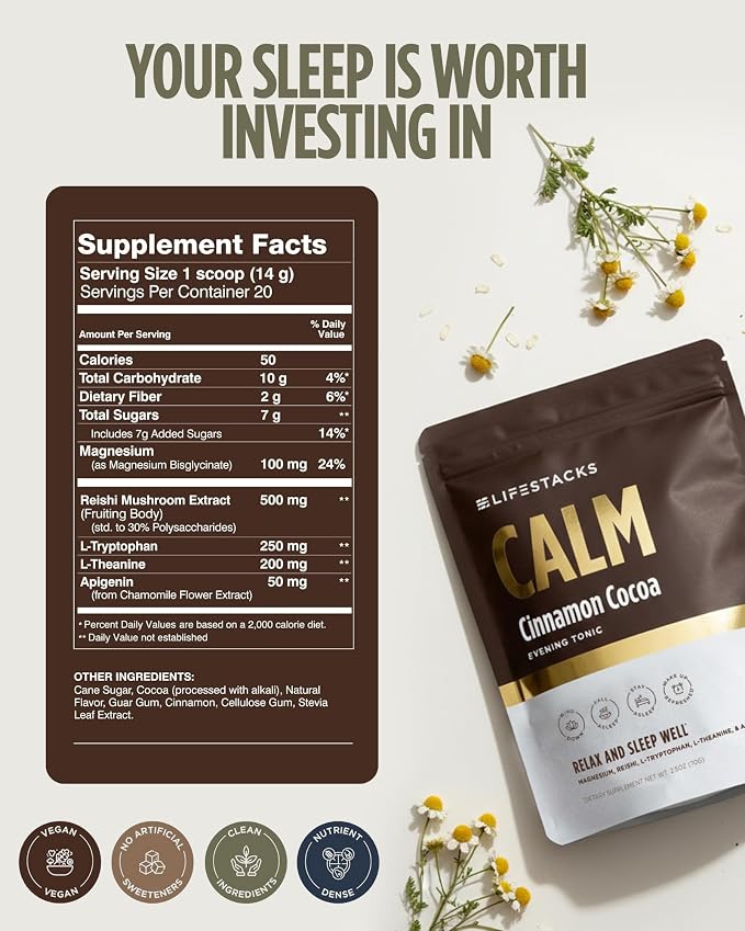 Calm Magnesium Hot Cocoa Sleep Aid - Melatonin-Free Nighttime Drink Mix with Reishi, L- Theanine, Chamomile & L-Tryptophan - Sleepy Hot Chocolate for Relaxation, Stress & Deep Rest - 20 Servings