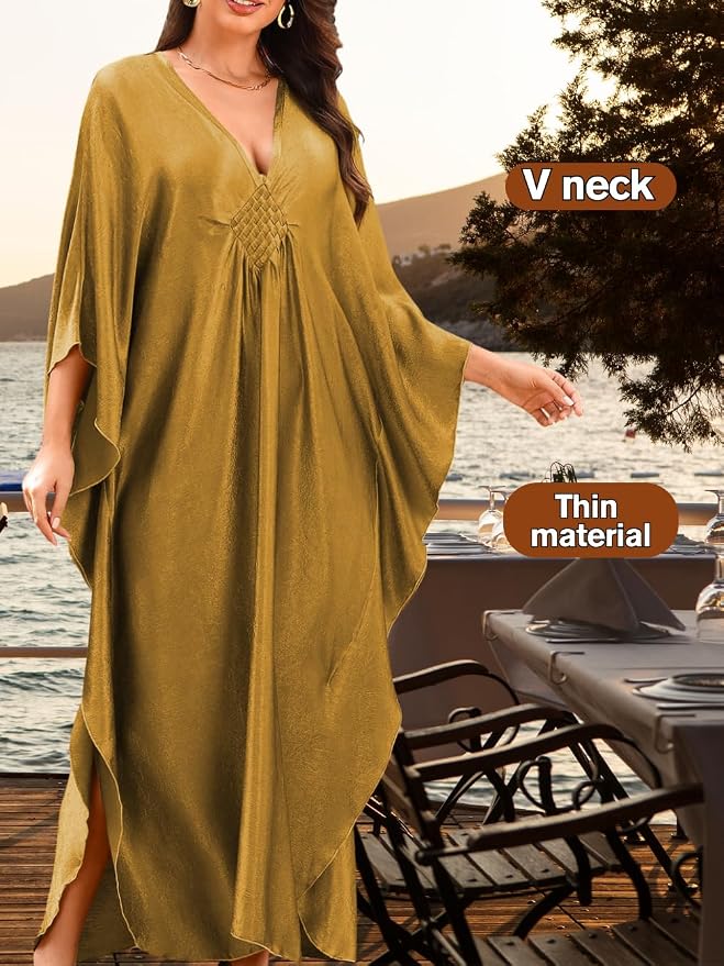 ChiaoLezhee Print Moo-Moos for Women, Kaftan Cover-Up Dresses, Sexy V-Neck High-Slit, Beach Pool-Party Coverups Muumuu Plus