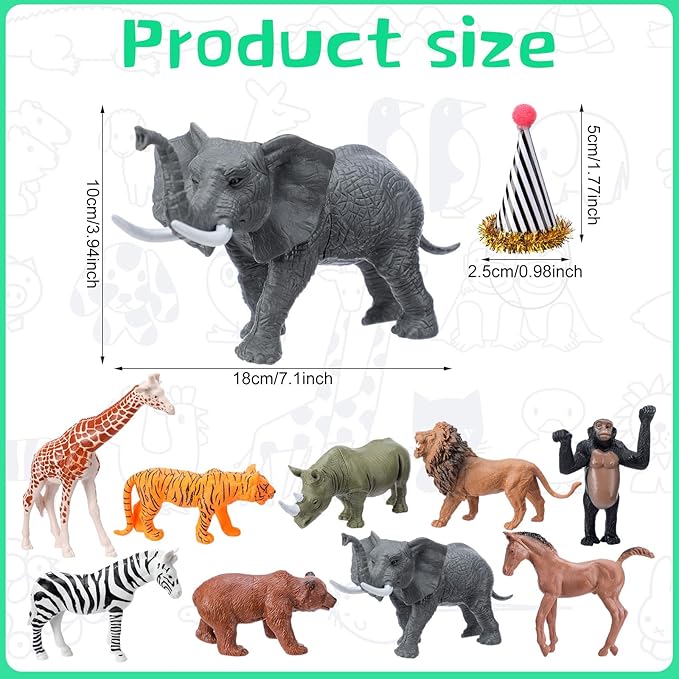 18 Pcs Jungle Animal Birthday Party Decorations Mini Birthday Hat Animal Figure Model Cake Toppers with Mini Hat for Birthday Party, Wild Animals Themed Party