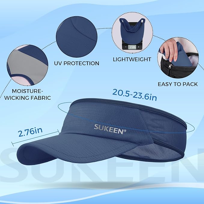 Sukeen Lightweight Sports Sun Visor Hat for Men Women | Packable, breathable, quick-dry, UPF50+ cooling visor hat, stretch fit, for running, tennis, golf, pickleball, softball