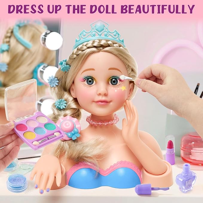 Golray Hair Styling Doll Head Makeup Kit Nail Art Girls Toys,Hair Salon Toy/ Real Cosmetics Nail Polish,Hairdryer Curling Iron Stylist Play Toy Princess Girl Birthday Gifts 3 4 5 6 7 8+ Years Old