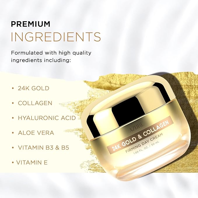 Azure Cosmetics 24K Gold & Collagen Face Moisturizer - Dermatologist Tested, Anti-Aging Face Cream - Skin Tightening, Fine Lines and Wrinkles Treatment - Korean Skin Care - All Skin Type - 2 Pack