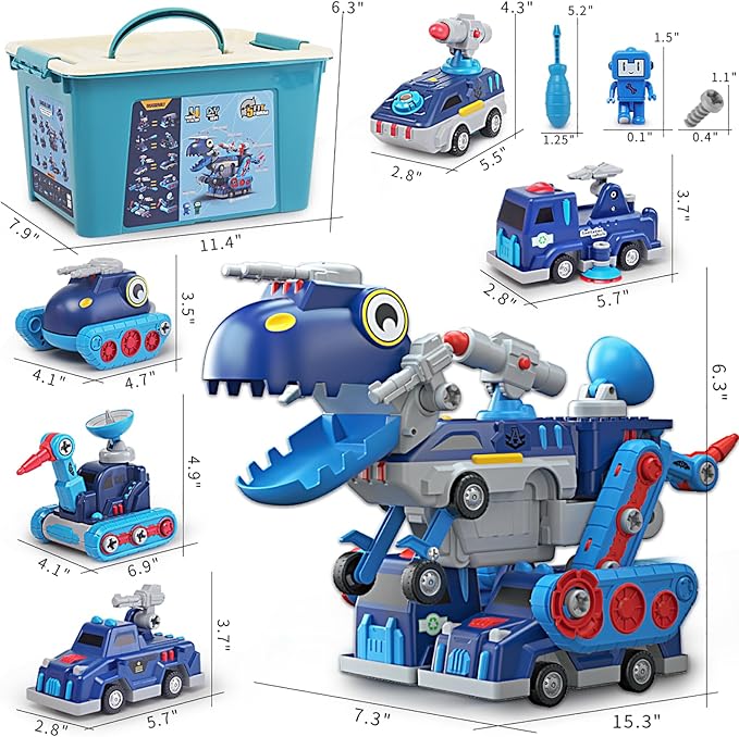 Take Apart Vehicle Magnetic Toy, 5-in-1 Tool Building Trucks Transform to Dinosaur Robot STEM Assemble Car with Storage Box, Kids Child Holiday Birthday Present for 3 4 5 6 7 8 Year Old Boys Girls