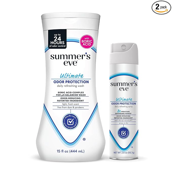 Summer's Eve Ultimate Odor Control Feminine Spray, 2 oz & Body Wash with Boric Acid, 15 Fl Oz