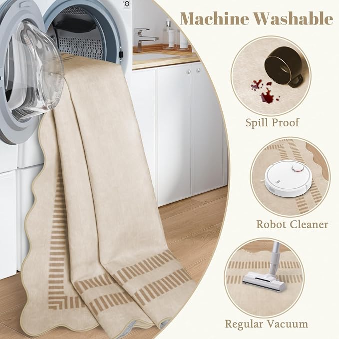 Washable Rug 5x7 Area Rugs for Living Room, Solid Khaki Rug Non Slip Scalloped Throw Mat with Rubber Back, Soft Low Pile Carpet for Dining Room Bedroom Dorm Nursery