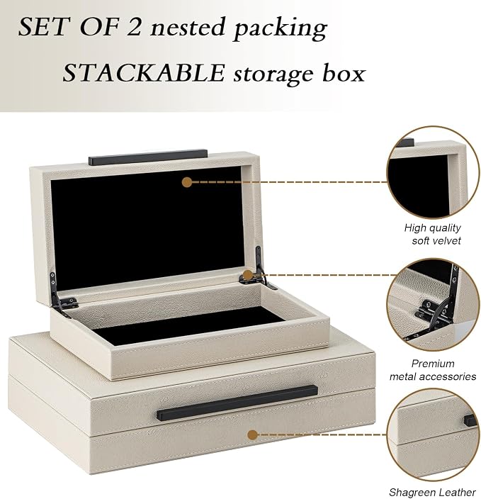 Set of 2 Beige Shagreen Decorative Storage Boxes with Black Metal Handles – Faux Leather Jewelry & Memory Boxes, Nesting Photo Organizers for Home Decor