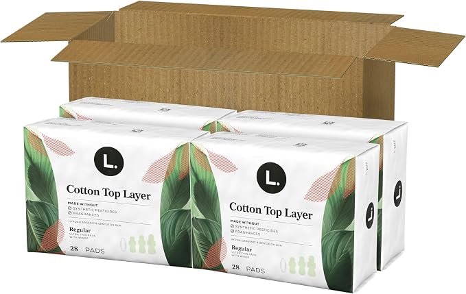 L. Ultra Thin Pads for Women, Regular Absorbency, Organic Cotton Top Layer, Unscented Pads with Wings, 112 Count (4 Packs of 28)