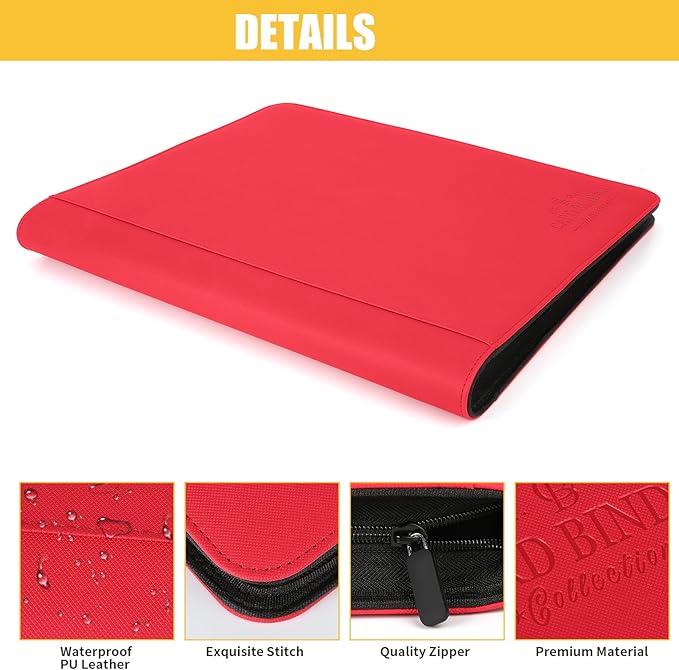 9-Pocket Toploader Binder, Holds 288 Cards in 3x4" Rigid Hard Cases, Premium PU Leather Zippered Trading Card Album for TCG & Sports Cards, Waterproof & Anti-Scratch - Red