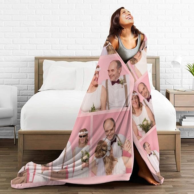 Custom Blanket with Picture Text, Personalized 8 Photo Blanket, HD Printing Customized Flannel Throw Blanket Gifts for Mom Dad Couple Girlfriend Boyfriend Wife Husband Christmas