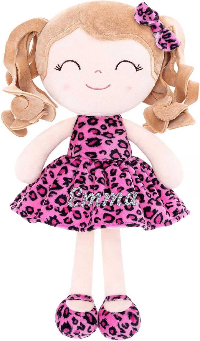Gloveleya Personalized Baby Doll – Custom Name Plush Rag Doll 12” | Pink Leopard Dress | Birthday, Christmas for Girls & Toddlers