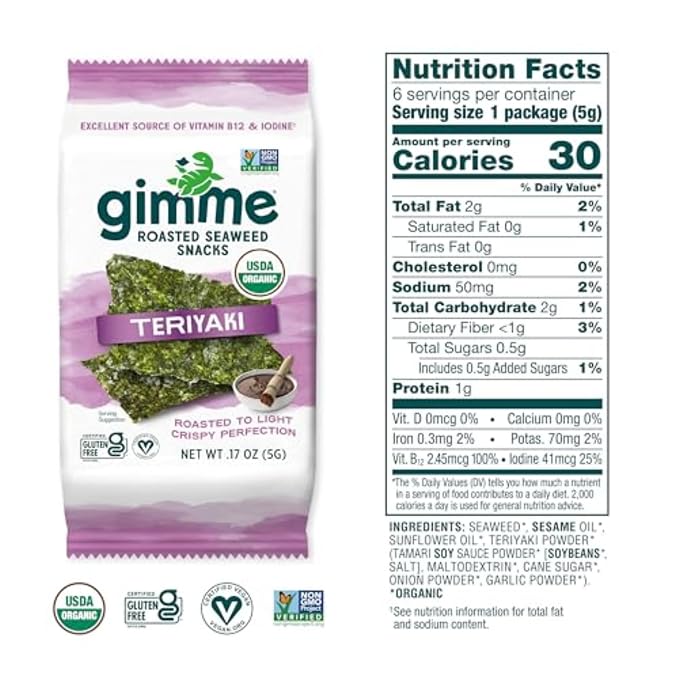 Gimme 6 CT Teriyaki Organic Roasted Seaweed Snacks, 5g, 0.17oz