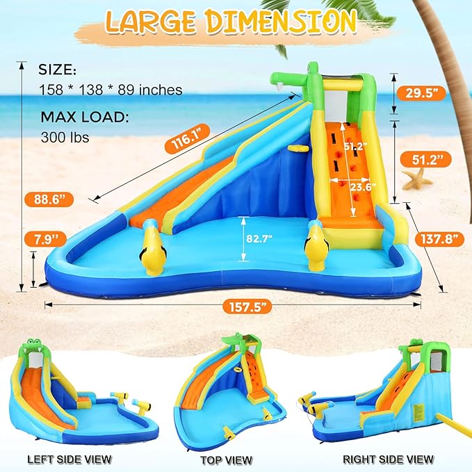 Whubefy Inflatable Water Slides for Kids with 450W Blower, 6 in 1 Blow Up Water Park, 158x 138 x 89 Waterslide w/Climbing Wall, Splash Pool, 2 Water Cannon, Basketball Rim & Crocodile Shower Head