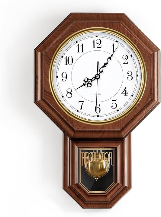 Pendulum Wall Clock,Imitation Wood Plastic Regulator Wall Clocks,Brown | Battery Operated,Non-Ticking,Retro Wall Decor Gift,Easy to Read,For Living Room,Dining Room,Schoolhouse,Farmhouse