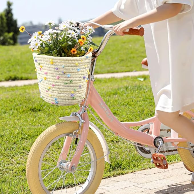 Kids Bike Basket for Boys and Girls, Children's Bicycle Basket Woven With Sisal Rope, Cute Decorative Accessories for Balance Bikes and Scooters
