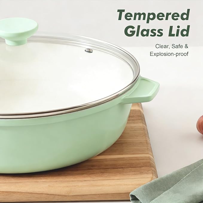 SENSARTE Nonstick Ceramic Skillet with Lid 12-inch/5QT, Non Toxic Deep Frying Pan, Saute Pan with Lid, Stay-cool Handle, Healthy Cooking Pot Dishwasher Safe, Induction Compatible, Green