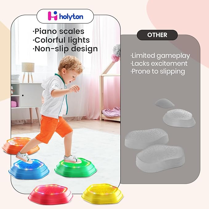 Holyton Upgraded Music Light-Up Stepping Stones for Kids, 5-Pack Sensory Balance Toys with Batteries, Non-Slip Design, for Ages 3–8, Ideal for Sensory Training, Indoor & Outdoor Play, Great Gift Idea