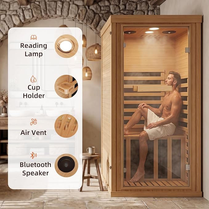1 Person Infrared Dry Sauna, Canadian Hemlock Wood Indoor Home Spa Sauna Room with Speakers, Tempered Glass Door, 149°F Max, 32.3"x32.3"x61.6"