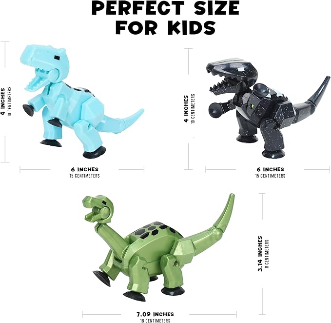 Zing Stikbot MEGA Dino 3 Pack - Includes Brontosaurus, T-Rex, and Carnotaurus, Create Stop Motion Animation, for Ages 4 and Up (Ice Blue, Space Black, Metallic Red)