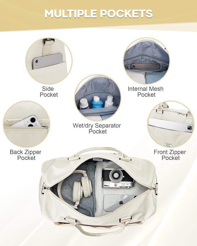 Gym Bag for Women Men Duffle Bags for Travel with Shoe Compartment Shoulder Weekender Overnight Carry on Tote Bags for Airplane Beach Bag Workout Yoga Sport Swimming Cream White