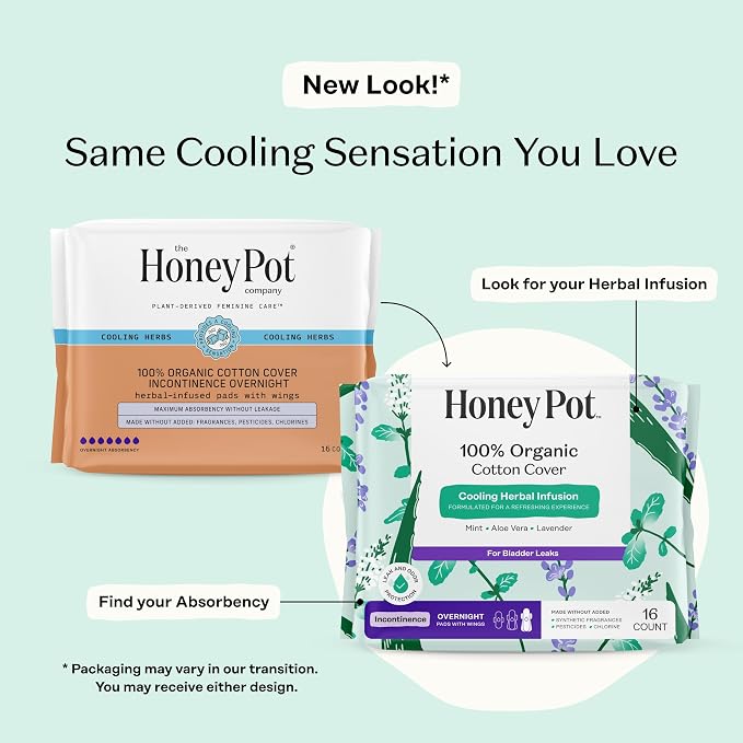 The Honey Pot Company - Herbal Pads for Women - Organic Incontinence Overnight w/Wings - Infused w/Essential Oils for Cooling Effect - Postpartum Essentials - Feminine Care - 16 ct