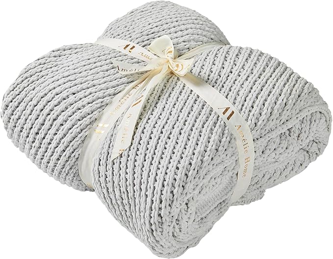 Knit Throw Blanket, Soft Chenille Cozy Breathable Chevron Chunky Decorative Blanket for Couch, Bed & Sofa, French-Inspired Lightweight Warm Gift for Women, Light Gray, 50"x60"
