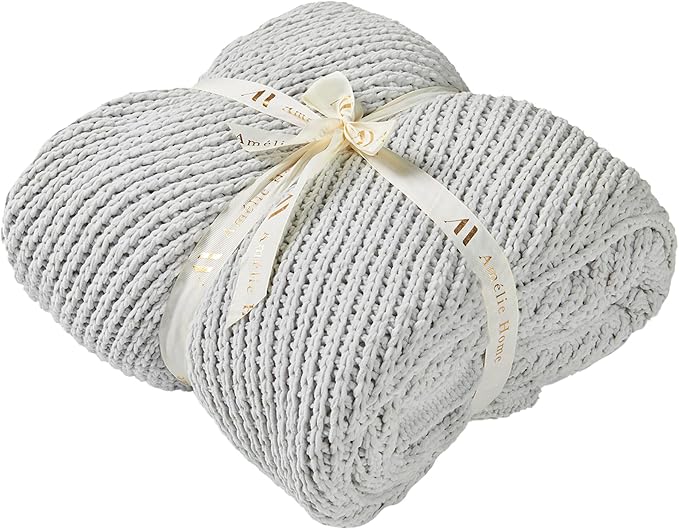 Knit Throw Blanket, Soft Chenille Cozy Breathable Chevron Chunky Decorative Blanket for Couch, Bed & Sofa, French-Inspired Lightweight Warm Gift for Women, Light Gray, 60"x80"