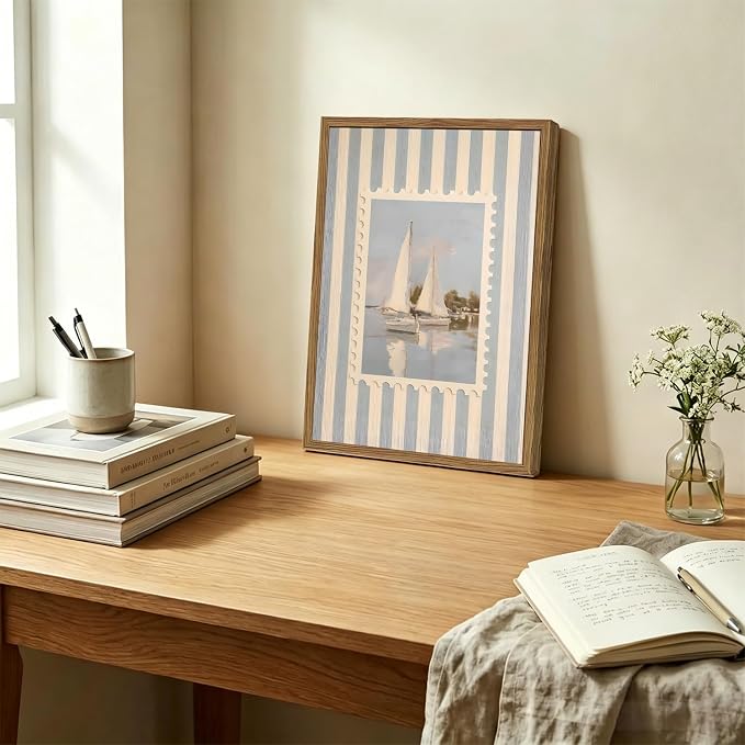 Vintage Coastal Sailboats Wall Art Trendy Beach Sailing Wall Decor Painting Blue and White Ocean Sail Boats Striped Poster Canvas Print Picture for Living Room Bedroom 12x16 inch Wood Framed