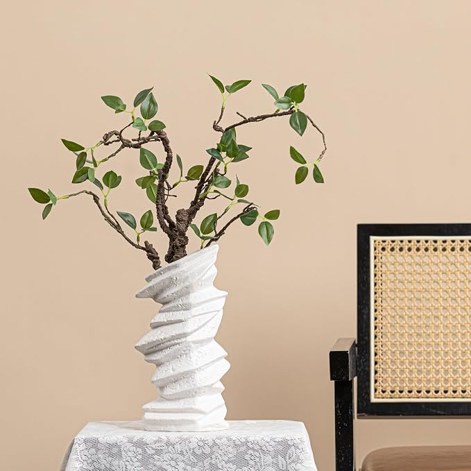 Stone-Stack White Ceramic Vase - 10" Unique Flower Vase for Pampas Grass, Farmhouse Decorative Vase for Living Room/Office, Boho Vase Ideal for Home Gifts & Centerpieces