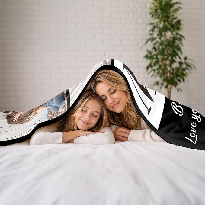 Custom Mom Blanket with 6 Photo & Text, Personalized Birthday Blanket with Picture for Mother, HD Printing Customized Flannel Throw Blanket Gifts for Best Mom Ever