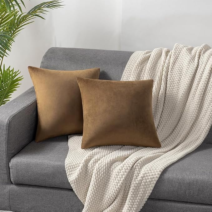 Throw Pillow Covers 20x20 Golden Brown: Pack of 2 Cozy Soft Velvet Square Modern Luxury Decorative Throw Pillow Cases for Sofa Couch Living Room Bed Home Decor