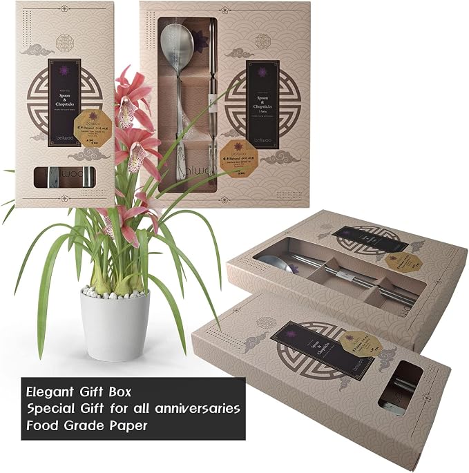 [2 Sets] [Made in Korea] Orchid Design Korean Style Sticky Rice Spoon Chopsticks Set 304 Stainless Steel Soup Spoon Ramen Chopsticks Flatware (2 Sets)