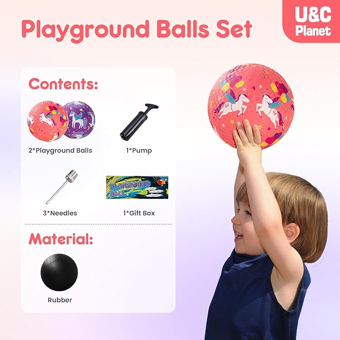 U&C Planet 2 Pack Playground Balls for Toddler Kids, 6 inch 8.5 inch Cartoon Rubber Balls with Pump, Dodgeball Kickball for Outdoor & Indoor Game, Great Gift for Boys Girls Aged 1 and Above