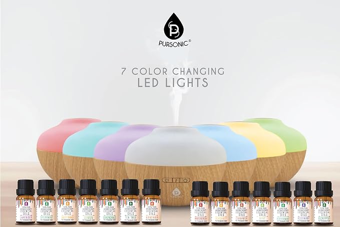 Pursonic Aromatherapy Diffuser & Essential Oil Set-Ultrasonic Diffuser & Top 14 Essential Oils-300ml Diffuser with 2 Mist Settings & 7 Ambient Light Settings-Therapeutic Grade Essential Oils