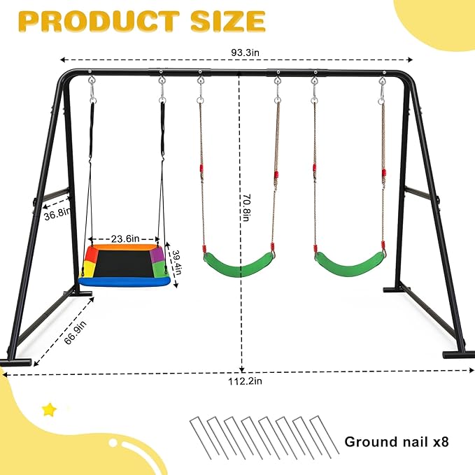 3-in-1 Swing Set for Backyard for Kids, with 1 Platform Swing, 2 Belt Swing, 600lbs Metal Swing Set for Toddler, Heavy-Duty Swing Stand w/8 Ground Stakes, Outdoor Swingset for Kids Adults (Black)