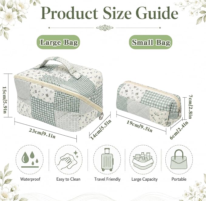 Travel Makeup Bag for Women,Large Capacity Quilted Cosmetic bag， 2PCS Make up Bag Set Open Flat Toiletry Bag for Skincare, Brushes & Travel Essentials (Blue1)