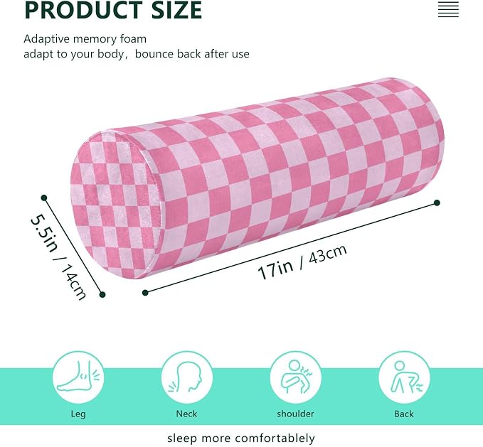 Checkered Pink Neck Roll Pillow Bolster Round Health Memory Foam Long Cervical Cylinder Pillows with Removable Washable Cover for Body Bed Legs Back Yoga